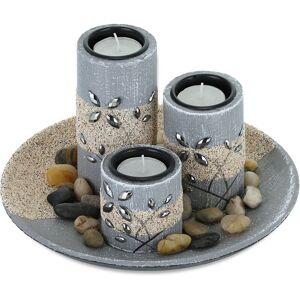 Relaxdays Tealight Holder Set, Round Decorative Tray, with Candles & Pebbles, Table Centrepiece, Dining Room, Grey/Sand Relaxdays Tealight Holder Set, Round Decorative Tray, with Candles & Pebbles, Table Centrepiece, Dining Room, Grey/Sand