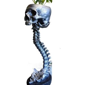 TLILY Resin Spine Planter and Stand Set, Polyresin Skull Pot, Halloween Decoration, Retro Human Head Flower, Silver TLILY Resin Spine Planter and Stand Set, Polyresin Skull Pot, Halloween Decoration, Retro Human Head Flower, Silver
