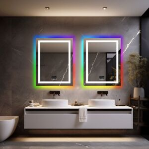 Luvodi - rgb Colorful Smart led Illuminated Fog-free Extra Large Bathroom Mirror with Bluetooth Speakers, Time and Date Digital Display - Rectangular Luvodi - rgb Colorful Smart led Illuminated Fog-free Extra Large Bathroom Mirror with Bluetooth Speakers, Time and Date Digital Display - Rectangular