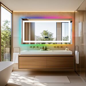 Luvodi - rgb Colorful Smart led Illuminated Fog-free Extra Large Bathroom Mirror with Bluetooth Speakers, Time and Date Digital Display - Rectangular Luvodi - rgb Colorful Smart led Illuminated Fog-free Extra Large Bathroom Mirror with Bluetooth Speakers, Time and Date Digital Display - Rectangular