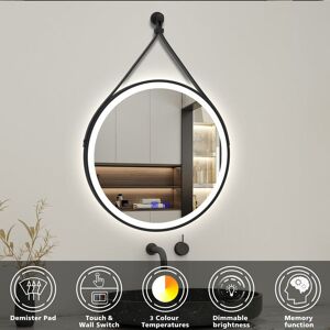 Acezanble - Round led Mirror Black Frame Leather Strap Illuminated Bathroom Mirror with Lights, 3 Color Modes, Touch Control, Brightness Memory Acezanble - Round led Mirror Black Frame Leather Strap Illuminated Bathroom Mirror with Lights, 3 Color Modes, Touch Control, Brightness Memory
