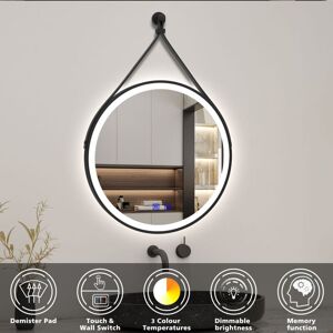 Acezanble - Round led Mirror Black Frame Leather Strap Illuminated Bathroom Mirror with Lights, Touch Control, Brightness Adjustable and Color Acezanble - Round led Mirror Black Frame Leather Strap Illuminated Bathroom Mirror with Lights, Touch Control, Brightness Adjustable and Color