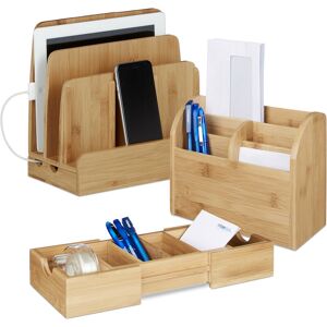 RELAXDAYS 3-piece bamboo desk organiser set, pull-out card box, charging station for phones, letter tray, natural RELAXDAYS 3-piece bamboo desk organiser set, pull-out card box, charging station for phones, letter tray, natural