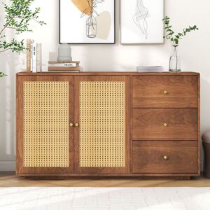 MODERNLUXE Sideboard with Wooden and cane rattan detail cabinet with 2 Doors, 3 Drawers, 130x40x76cm - Living Room - Wood color MODERNLUXE Sideboard with Wooden and cane rattan detail cabinet with 2 Doors, 3 Drawers, 130x40x76cm - Living Room - Wood color