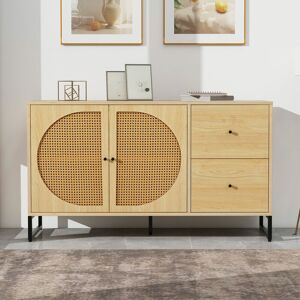 MODERNLUXE Sideboard with Wooden and cane rattan detail cabinet with 2 Doors, 2 Drawers, 130x40x75cm - Living Room - Wood color MODERNLUXE Sideboard with Wooden and cane rattan detail cabinet with 2 Doors, 2 Drawers, 130x40x75cm - Living Room - Wood color