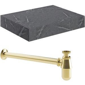 Signature - Grove Wall Hung Basin Shelf Brushed Brass Bottle Trap 600mm Wide - Grey Marble Signature - Grove Wall Hung Basin Shelf Brushed Brass Bottle Trap 600mm Wide - Grey Marble