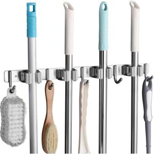 WOIYIC Stainless Steel Wall-Mounted Broom Holder, Wall-Mounted Broom Rack with 4 Slots and 5 Hooks for Kitchen, Bathroom, Garage and Garden, Grey WOIYIC Stainless Steel Wall-Mounted Broom Holder, Wall-Mounted Broom Rack with 4 Slots and 5 Hooks for Kitchen, Bathroom, Garage and Garden, Grey