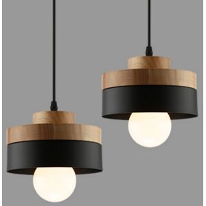 WOTTES Vintage Industrial Ceiling Pendant Light Fixture Metal Wooden Hanging Lamp Black Round Chandelier Lampshade 2Pcs WOTTES Vintage Industrial Ceiling Pendant Light Fixture Metal Wooden Hanging Lamp Black Round Chandelier Lampshade 2Pcs