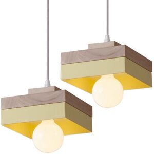 WOTTES Vintage Industrial Ceiling Pendant Light Fixture Metal Wooden Hanging Lamp Yellow Square Chandelier Lampshade 2Pcs WOTTES Vintage Industrial Ceiling Pendant Light Fixture Metal Wooden Hanging Lamp Yellow Square Chandelier Lampshade 2Pcs