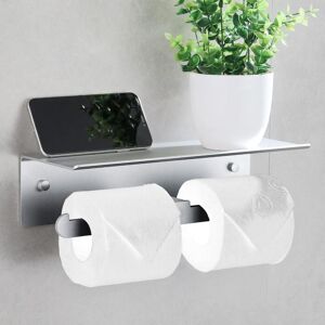 WOIYIC Wall-Mounted Aluminum Toilet Paper Holder, Double Hygienic Roll Holder with Storage Platform, No Drilling Required, with Edge Protection and WOIYIC Wall-Mounted Aluminum Toilet Paper Holder, Double Hygienic Roll Holder with Storage Platform, No Drilling Required, with Edge Protection and