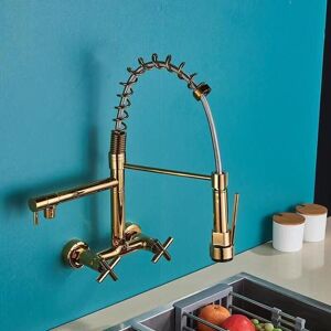 Wall-mounted kitchen faucet with pull-out spout, 360° swivel sink faucet with 3 spray modes, gold YMYNY Wall-mounted kitchen faucet with pull-out spout, 360° swivel sink faucet with 3 spray modes, gold YMYNY