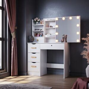 ELEGANT Modern Sliding Mirror Dressing Table 5 Drawers Bedroom White Makeup Desk Vanity Single Table and LED Mirror Lights ELEGANT Modern Sliding Mirror Dressing Table 5 Drawers Bedroom White Makeup Desk Vanity Single Table and LED Mirror Lights