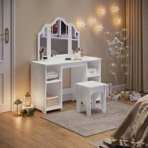 WOLTU Kids Dressing Table & Stool, Vanity Set With Mirror & Storage, Kids Bedroom Furniture for Girls & Boys, White WOLTU Kids Dressing Table & Stool, Vanity Set With Mirror & Storage, Kids Bedroom Furniture for Girls & Boys, White