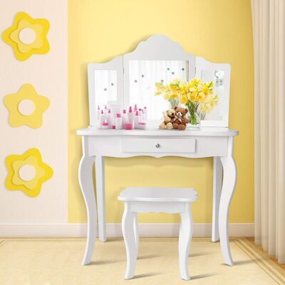 Costway Children's Dressing Table Set - White - Kids Vanity with Mirror & Stool Costway Children's Dressing Table Set - White - Kids Vanity with Mirror & Stool