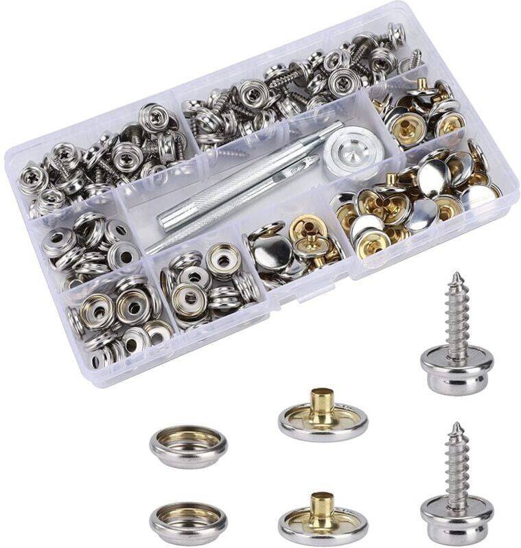 MEMKEY Pack of 50 Marine Grade Stainless Steel Snap Fasteners with 2 Fixing Tools (15mm), Snap Fasteners, Canvas Snaps, Metal Buttons, Canvas Screws,