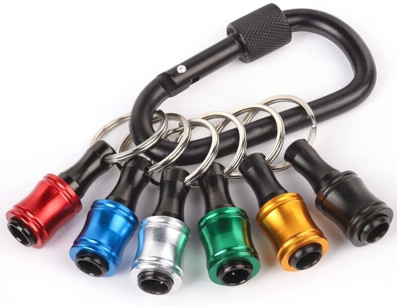 MEMKEY 6 Pack 1/4 Inch Hex Shank Aluminum Lightweight Quick Change Bit Holder Keychain Key Ring Drill Bit Portable Screw Adapter with Black Carabiner