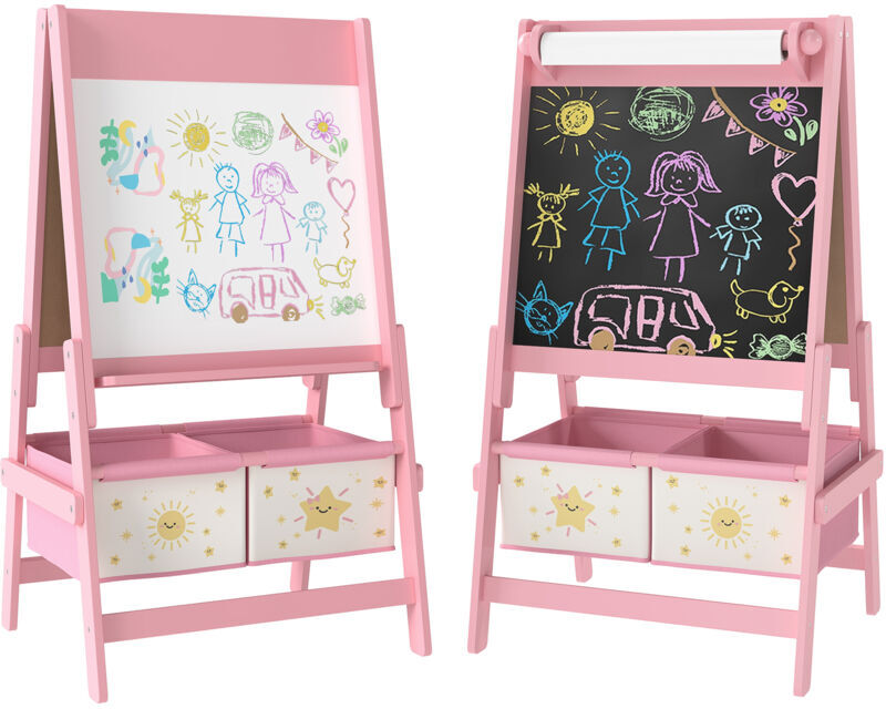 AIYAPLAY 3-in-1 Kids Easel, Double-Sided Art Easel with Paper Roll, Pink