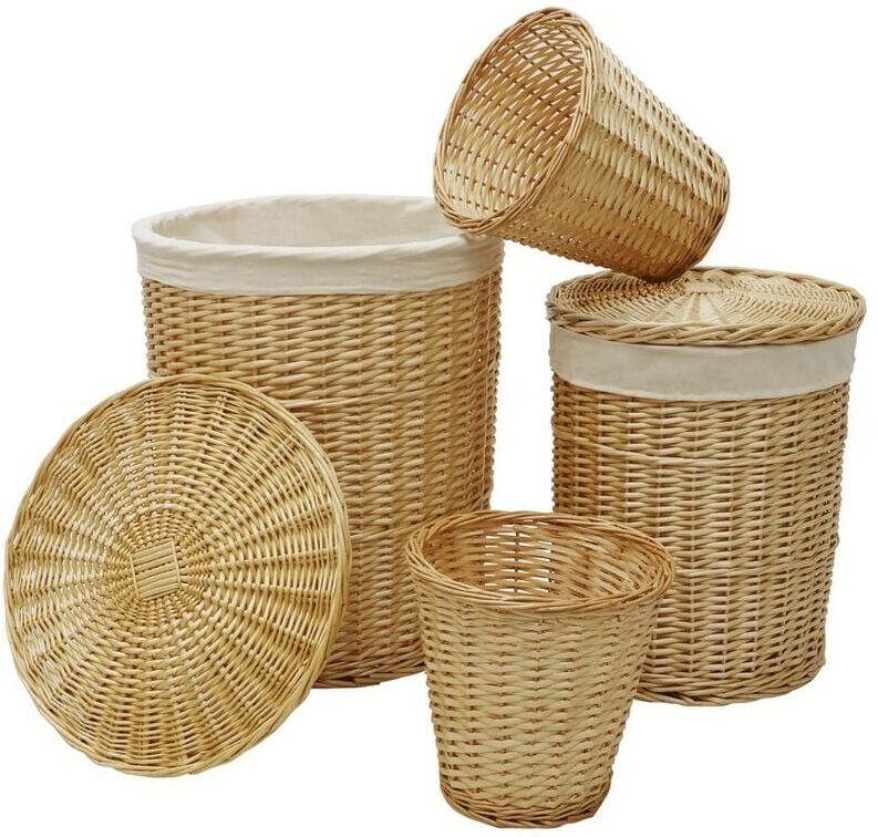 JVL - Acacia Set of 2 Round Laundry Willow Baskets with 2 Waste Paper Baskets, Honey Finish