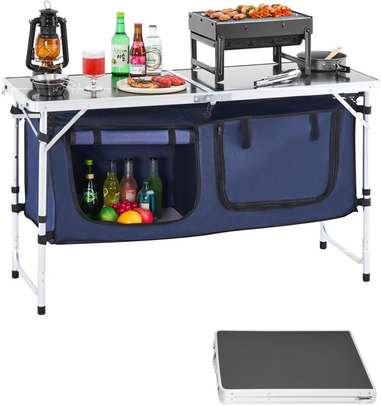 Mophorn Camping Kitchen Table - Folding Outdoor Cooking Table with 3 Adjustable Heights. Lightweight Aluminum Portable Cook Station Featuring Storage