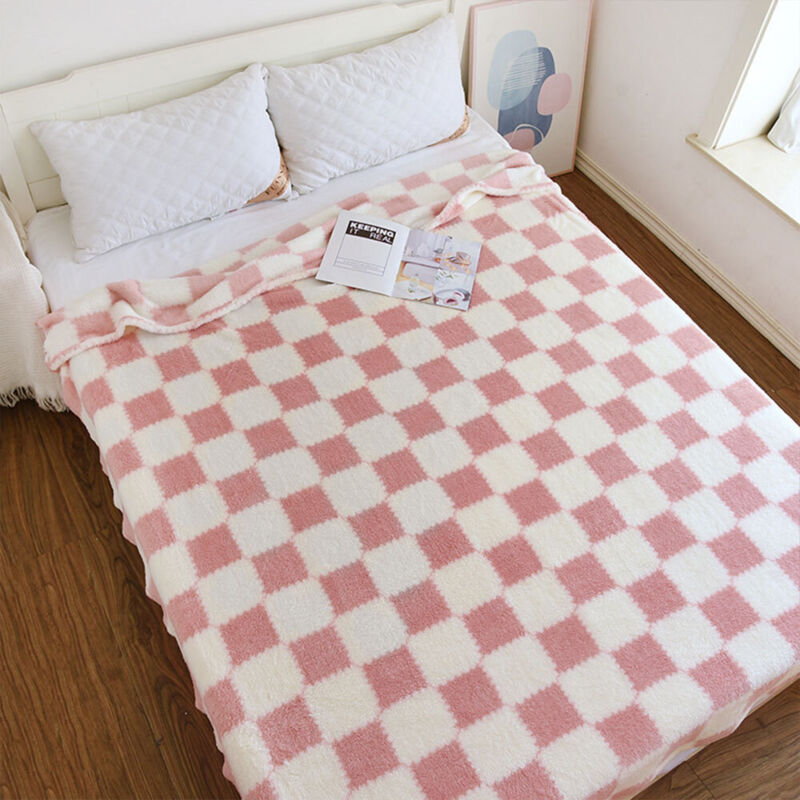 LIVINGANDHOME Pink Plaid Plush Double-Sided Plaid Throw Blanket 120cm W x 200cm D