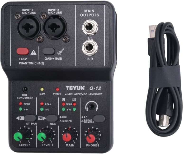 TLILY Q-12 Sound Card Audio Mixer Board Console Desk System Interface 4 Channel 48V Power Stereo Computer