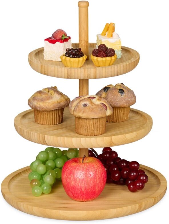 Relaxdays - Bamboo Etagere: 37 cm x 30 cm Fruit Etagere Wooden With 3 Round Plates For Cookies, Sweets, Baked Goods, Party-Snacks, Nuts And More,