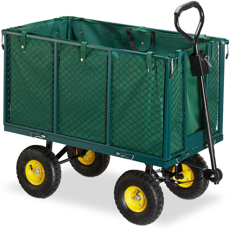 Relaxdays Garden Hand Cart, Large Trailer with Folding Side Panels, Removable Tarp with Handles, Up to 500 kg, Green