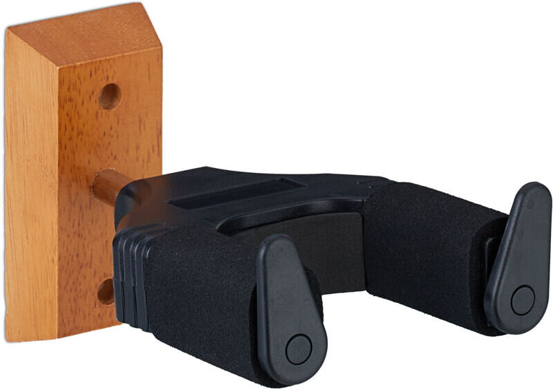 Relaxdays - Guitar Holder for the Wall, Automatic Lock, Wood, Foam, Holder, HxWxD: 10 x 9.5 x 17.5 cm, Black/Natural