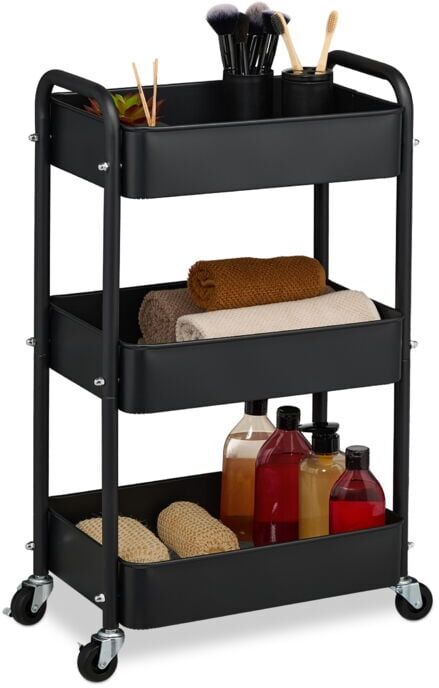 Rolling Cart, 3 Tiers, Serving Trolley, Utilities, for Kitchen & Bathroom, hwd: 71.5 x 43.5 x 29.5 cm, Black - Relaxdays