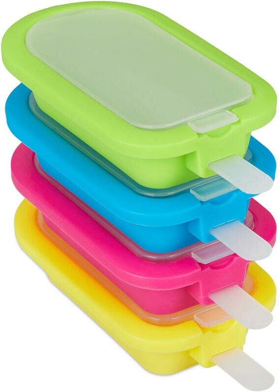 Ice Cream Moulds, 4 Popsicles, 70 ml, diy Sticks, BPA-Free, Ice Cream Maker, Silicone, Green/Blue/Pink/Yellow - Relaxdays