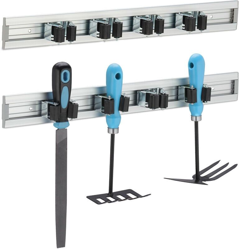 Relaxdays - 2x Tool Holder Wall Mount, Broom Rack, 4 Clamps Each, Garden Equipment, 5.5 x 48.5 x 4.5 cm, Aluminium, Silver