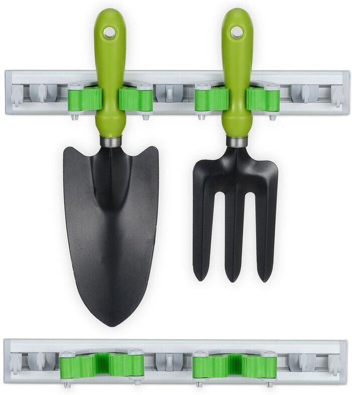 Tool Holder Wall Bracket, Set of 2, Broom Storage with Hooks, 2 Clamps each for Garden Tools, Silver/Green - Relaxdays