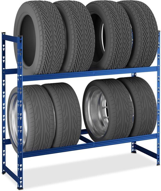 Relaxdays Tyre Rack for 8 Wheels, 100 x 110 x 35 cm, 150 kg, Steel, Plug-In System, Tire Shelf, Garage & Workshop, Blue