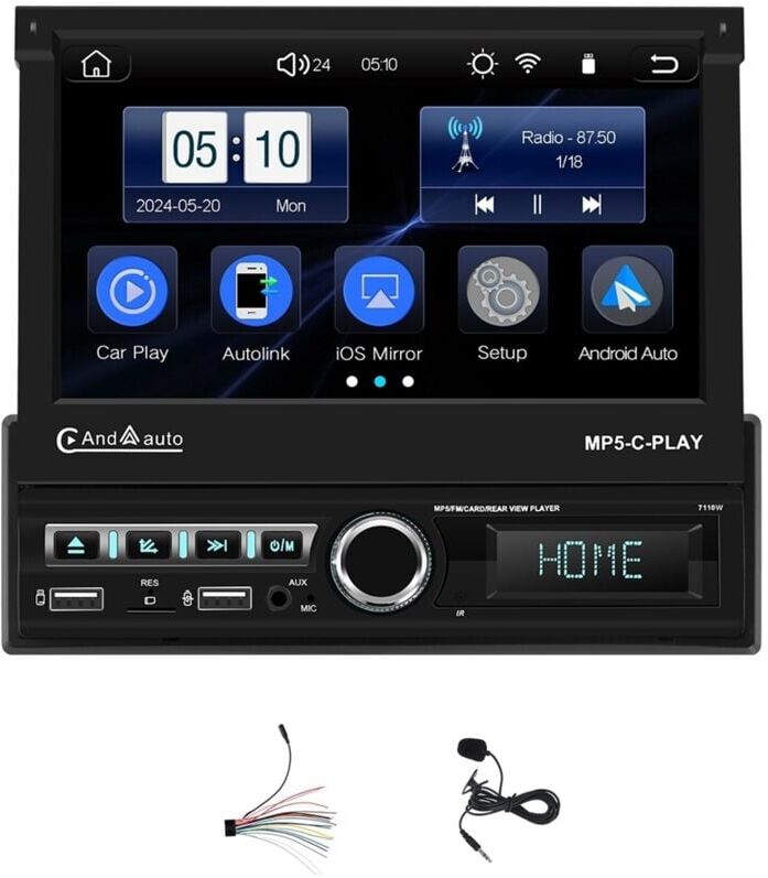 Tlily - Single Din Car Stereo with Carplay Android Auto 7 Inch Flip Out Touchscreen Radio Bluetooth fm Mirror Link