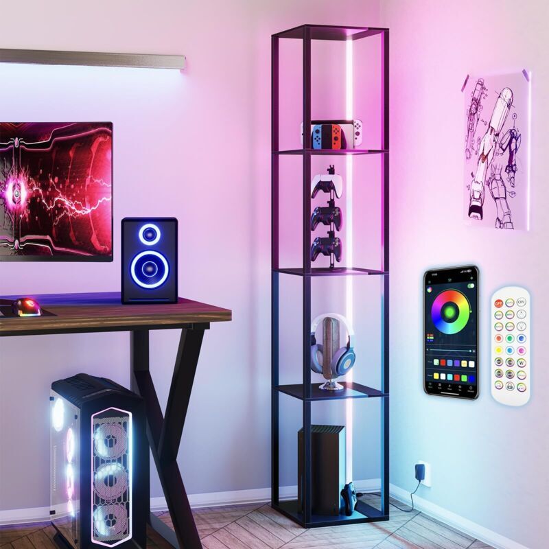 TLILY Smart rgb Floor Lamp with Shelves - 162CM Tall, led Corner Display Shelf for Collectibles, Modern Design with Remote and App Control, Black