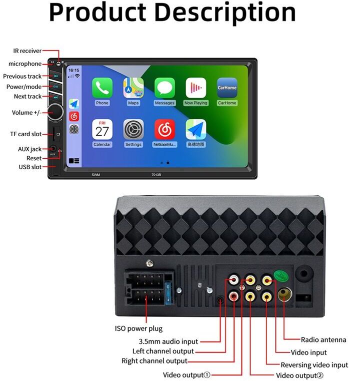 TLILY Universal 7Inch CarPlay Car Radio HD Multimedia Touchscreen MP5 Player Bluetooth USB FM Camera Mirror Link 7013B