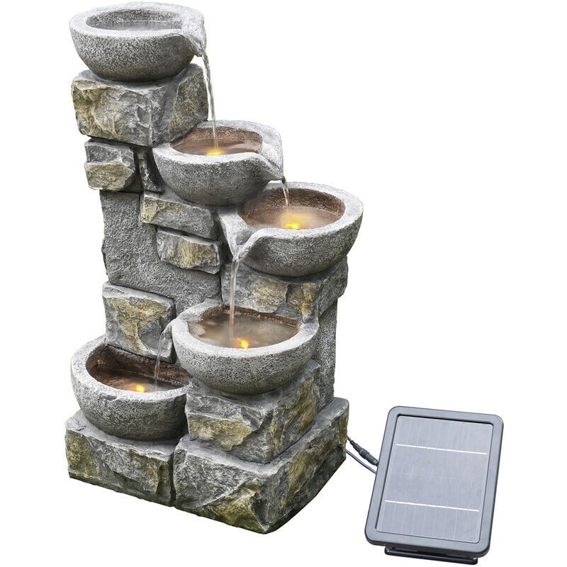 Garden Outdoor Water Feature, Solar Powered Water Fountain, 4-Tier Flowing Bowl Design, With led Lights, 43.2 x 30.5 x 68.6 (cm) - Grey - Teamson Home