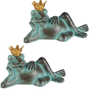 Relaxdays - Set of 2 Garden Figurine Frog Prince, weatherproof, Lying Toad, With Crown, Cast Iron, Size s, Green