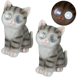 Relaxdays - 2x Cat Garden Ornament, Outdoor Sculpture, led Ornament, Solar Deco for Lawn & Home, 23 x 12 x 14 cm, Grey