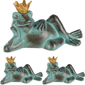 Relaxdays - Set of 3 Garden Figurine Frog Prince, weatherproof, Lying Toad, With Crown, Cast Iron, Size s, Green