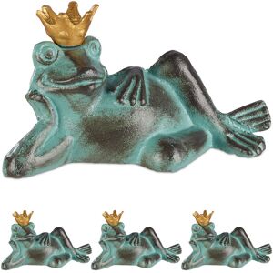 Relaxdays - Set of 4 Garden Figurine Frog Prince, weatherproof, Lying Toad, With Crown, Cast Iron, Size s, Green