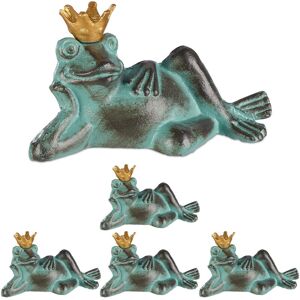 Relaxdays - Set of 5 Garden Figurine Frog Prince, weatherproof, Lying Toad, With Crown, Cast Iron, Size s, Green