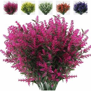 HOOPZI 8 Bundles Artificial Flowers Fake Outdoor Plants Faux uv Resistant Lavender Flower Plastic Shrubs Indoor Outside Hanging Decorations (Fuchsia)