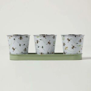 Homescapes - Set of 3 Green and White Indoor Plant Pots with Floral Bee Design - White, Green