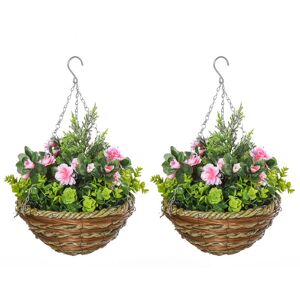 Outsunny - 2 PCs Artificial Lisianthus Flower Hanging Planter Basket Home Garden - Pink, Green