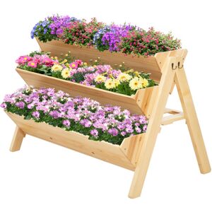 Outsunny - 3 Tier Wooden Garden Raised Bed Plant Bed with Clapboard and Hooks - Natural