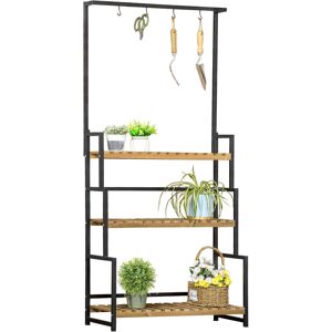 3 Tiered Plant Stand Rack with Hanging Hooks for Indoor Outdoor - Black and Natural - Outsunny