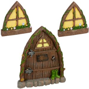 Relaxdays Fairy Set with 2 Windows & Door, Magical Garden, Weatherproof Outside Decoration, Artificial Stone, Colourful