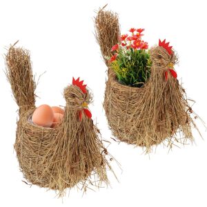 Relaxdays - Chicken Flower Pot, Set of 2, Straw Figure for Planting, Handmade, Egg Basket, Decorative Hen for Indoors