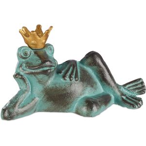 Relaxdays Garden Figurine Frog Prince, weatherproof, Lying Toad, With Crown, Cast Iron, Size S, Green